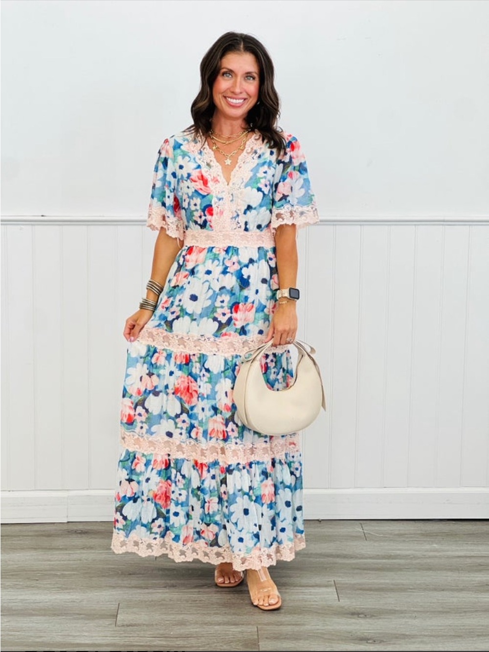 DAVI & DANI Blue Floral Lace-Trim Maxi Dress with Pink Accents
